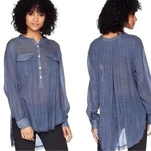 Free People Talk To Me Blue Plaid Gauzy Popover Shirt Size S